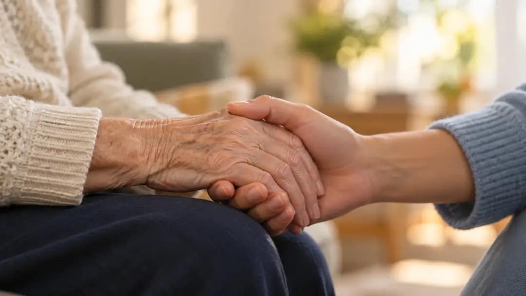 Une personne accompagne un proche âgé en lui tenant la main