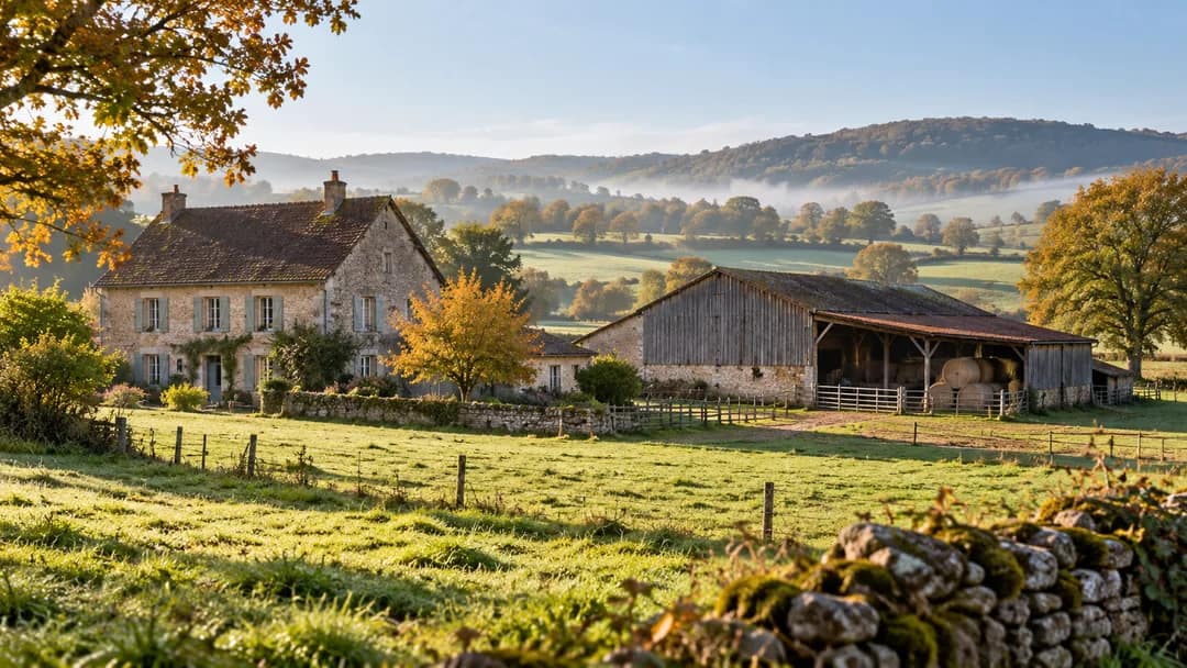 Maison rurale, grange et pâture dans la campagne française