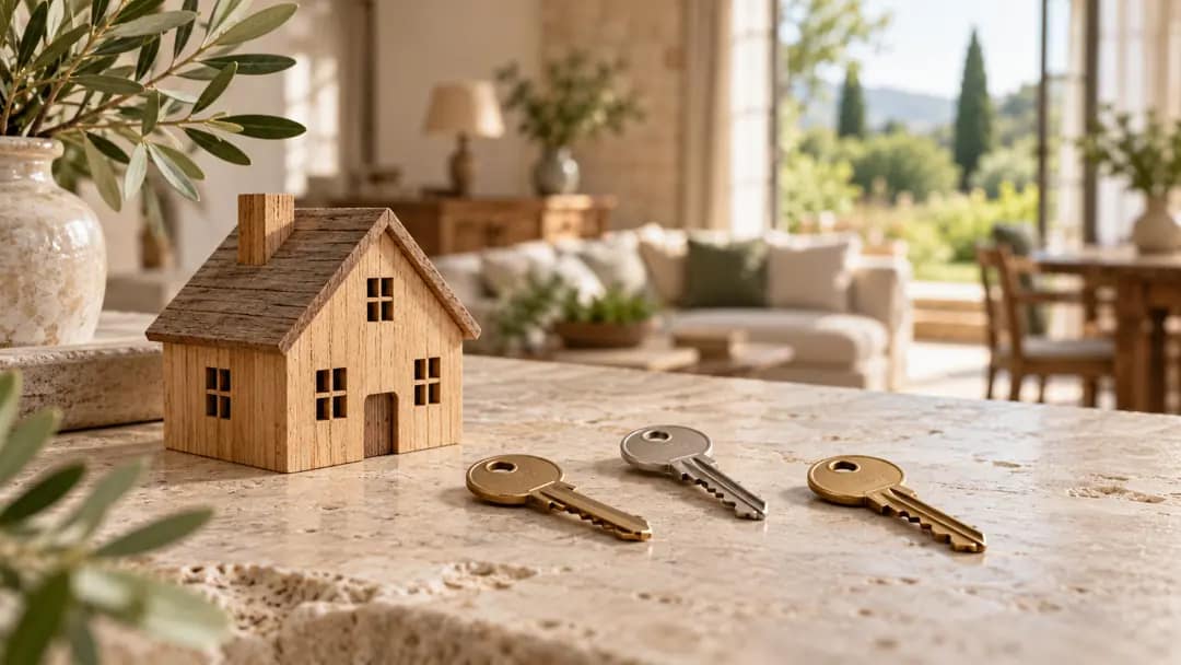 Une maison miniature en bois et trois clés sans inscription