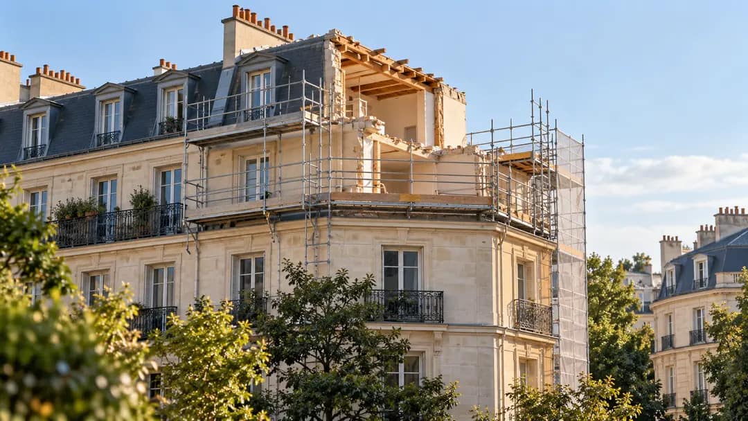 Immeuble parisien dont une partie supérieure est démontée sous échafaudage pour mise en conformité